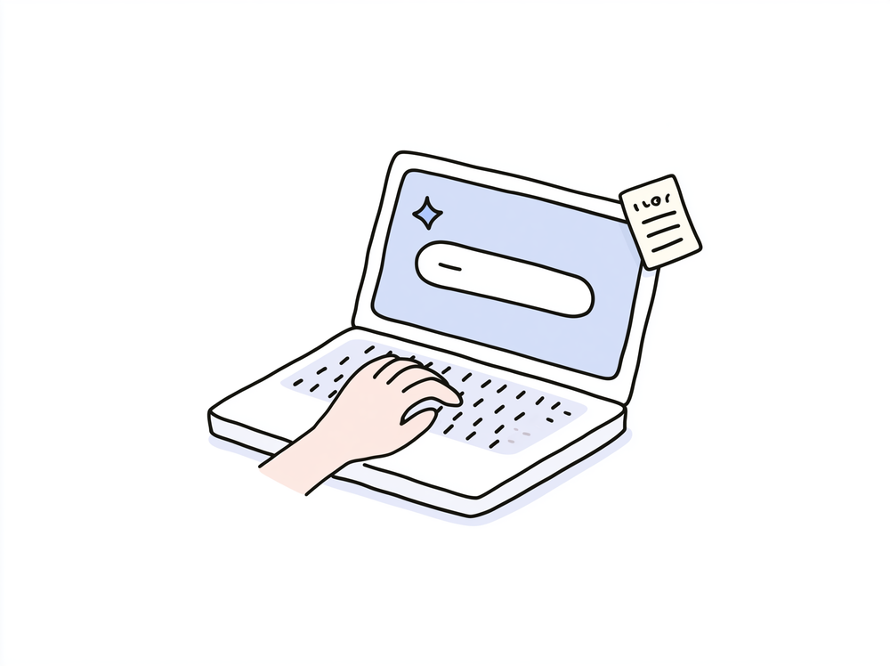 Doodle: a hand types one line into a big search bar.