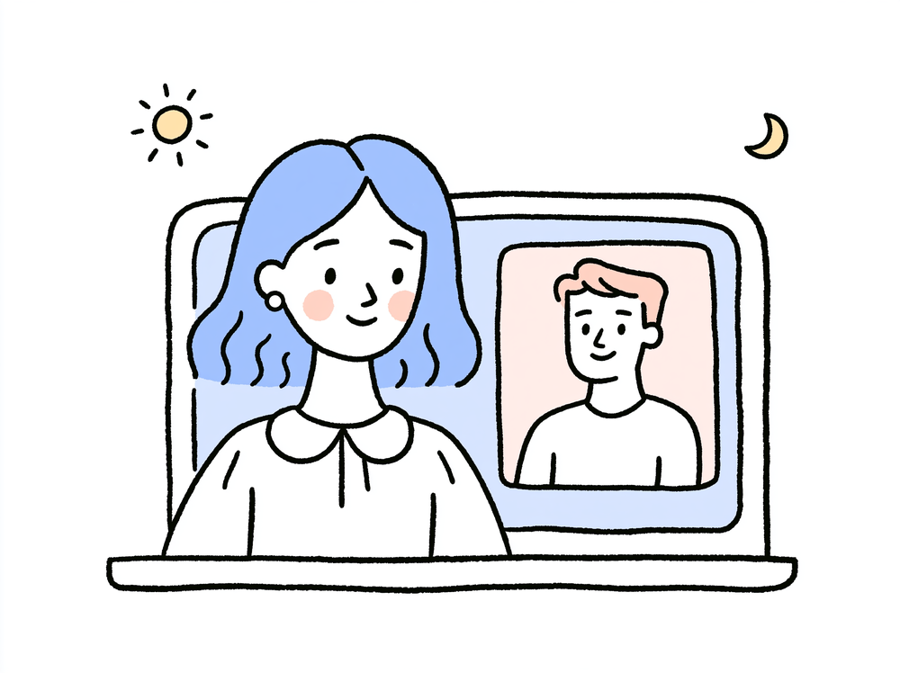 Rena on a video-call window interviewing a candidate; a small sun and moon in the corners (around-the-clock).